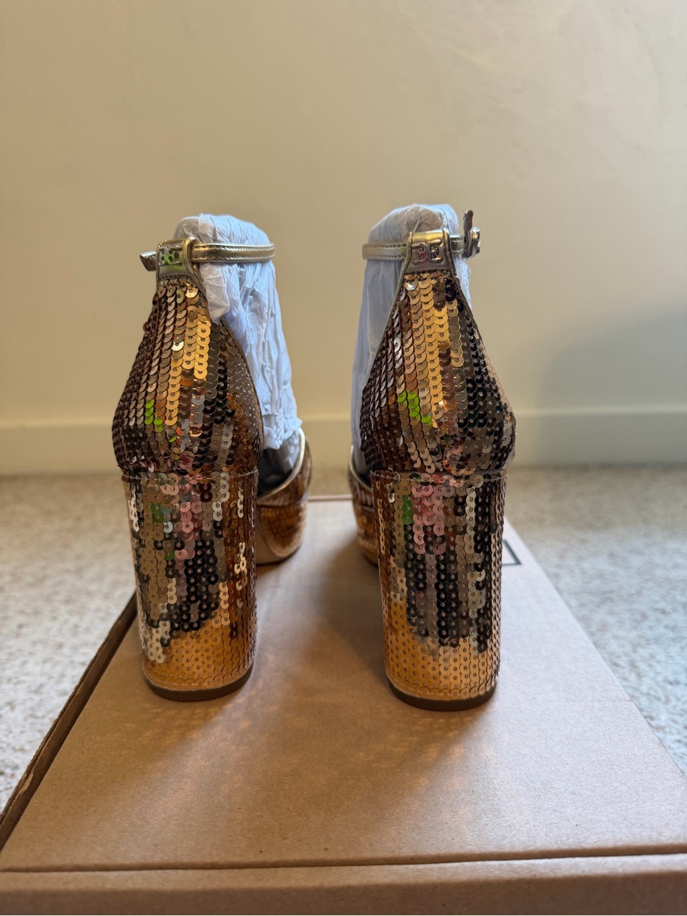 Sam Edelman Gold Sequin Platform Block Heel Sandals - Picture 4 of 9